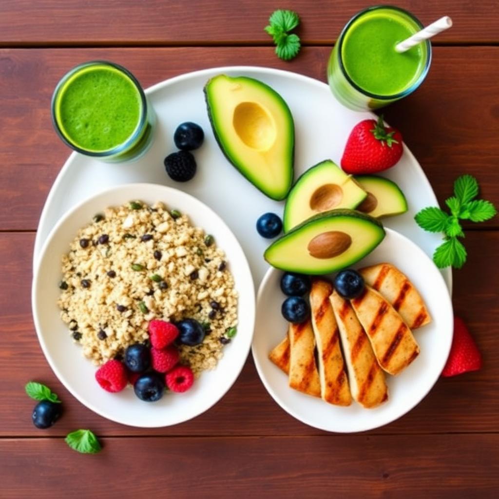 Prato com quinoa, abacate, frango grelhado, frutas vermelhas e suco verde